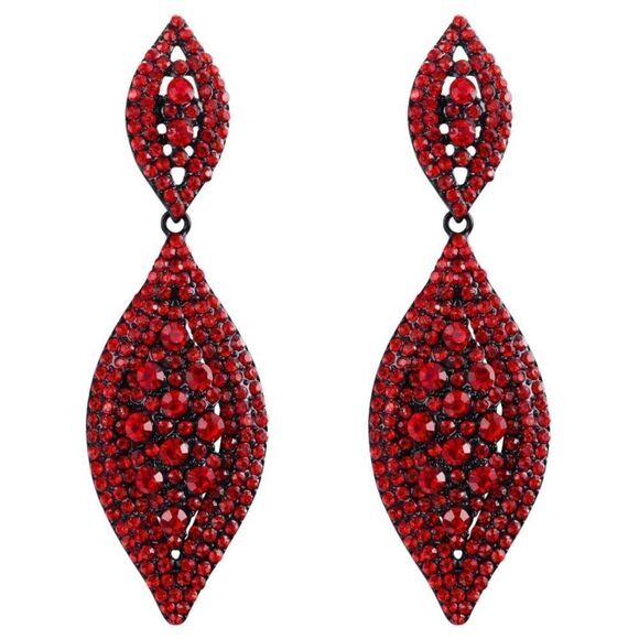 Carbon Black with Ruby Red Crystal Double Leaf Chandelier Post Back Earrings - Picture 1 of 5